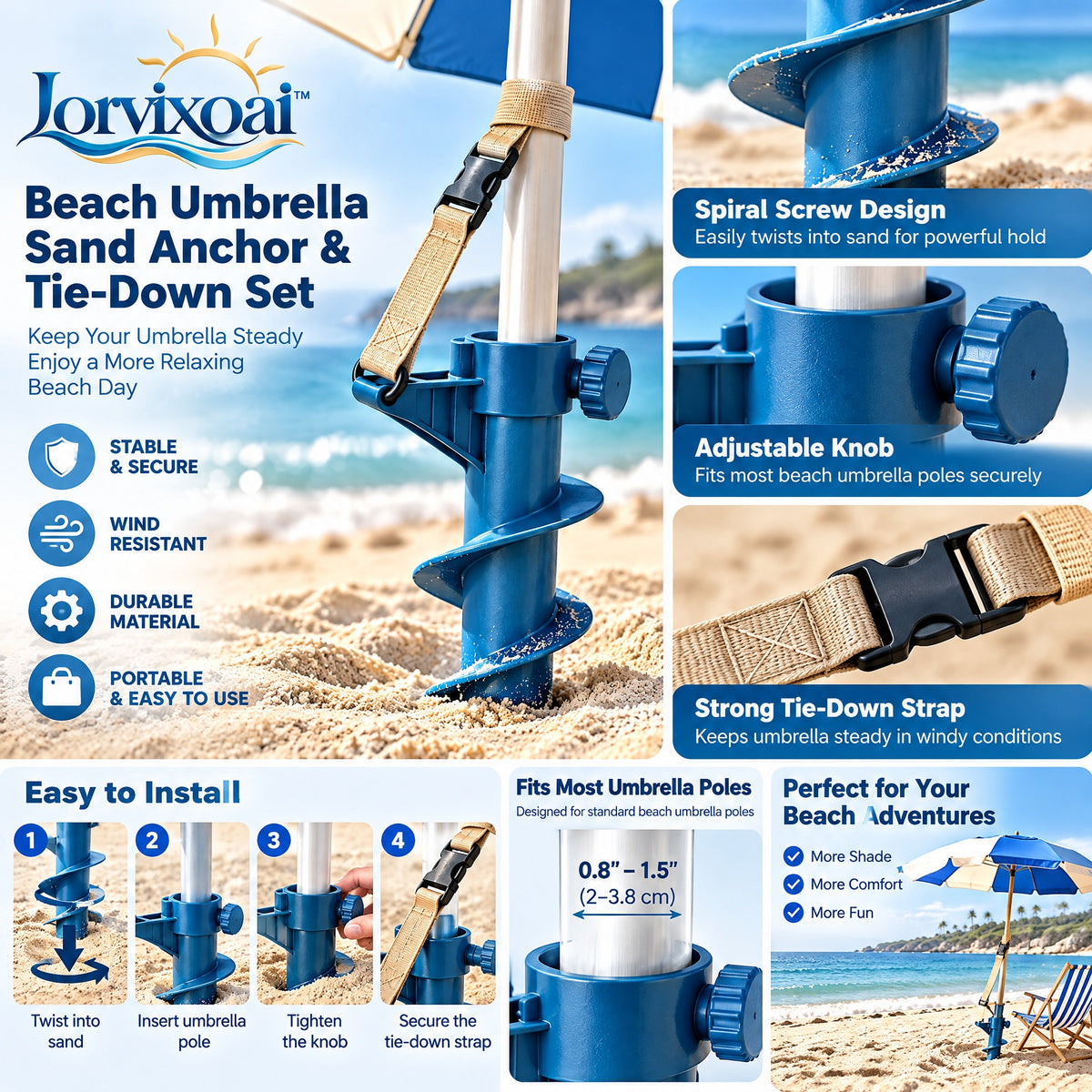 Lorvixoai Beach Umbrella Sand Anchor & Tie-Down Set, view 3